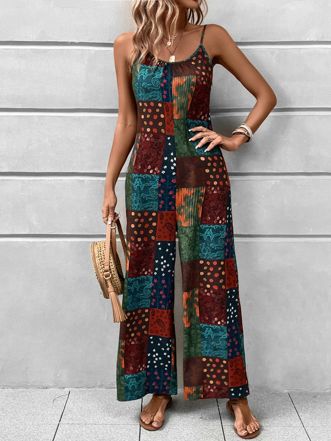 Printed Scoop Neck Spaghetti Strap Jumpsuit 