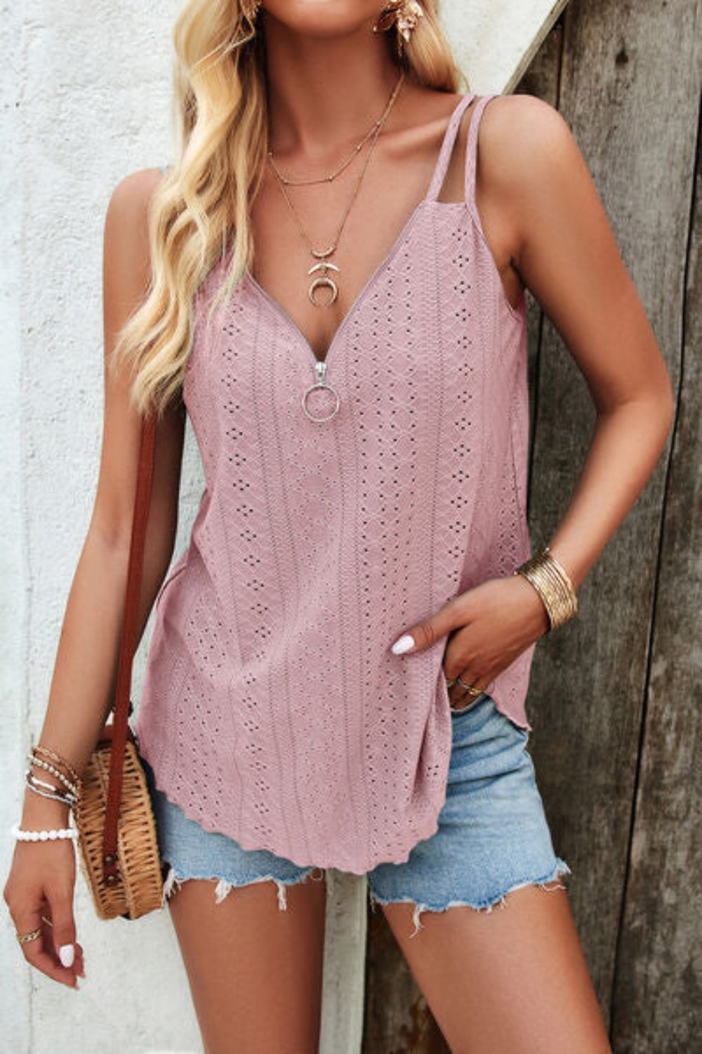 Eyelet V-Neck Double Spaghetti Straps Cami 