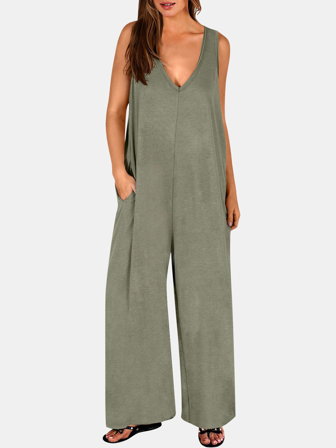 Full Size V-Neck Wide Strap Jumpsuit - Babbazon New Products