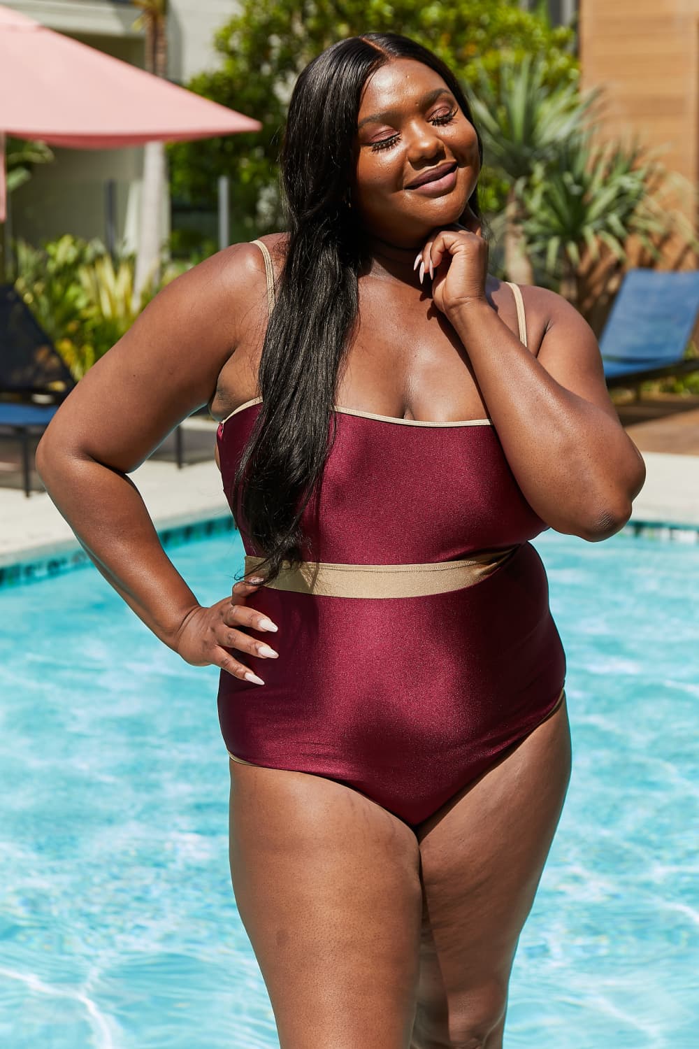 Marina West Swim Wave Break Contrast Trim One-Piece in Wine 