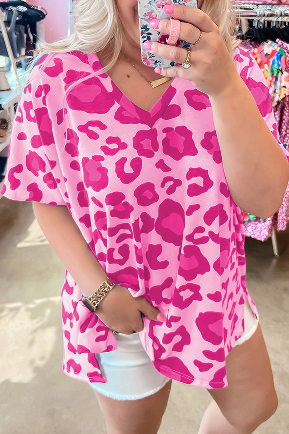 Rose Leopard Print V Neck Plus Size Tee - Babbazon Plus Size Tops