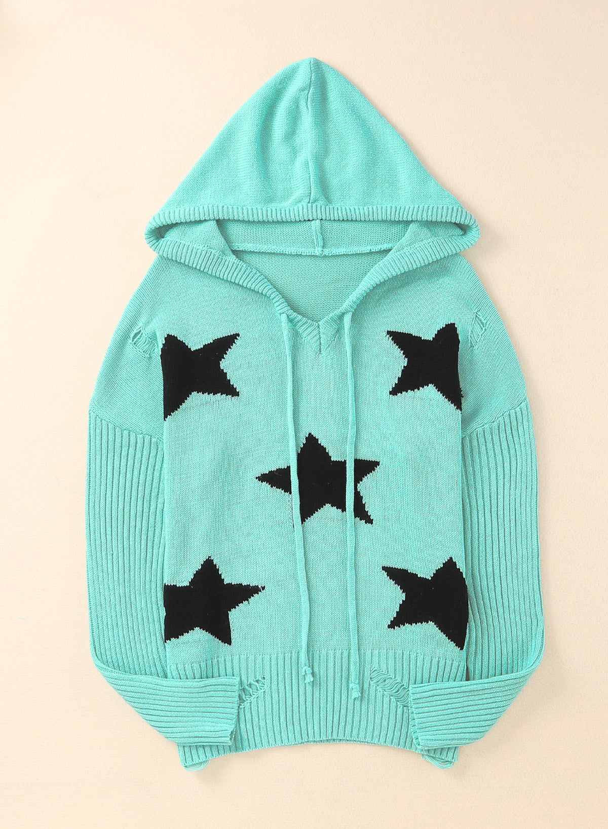 Woven Right Star Distressed Slit Hooded Sweater 