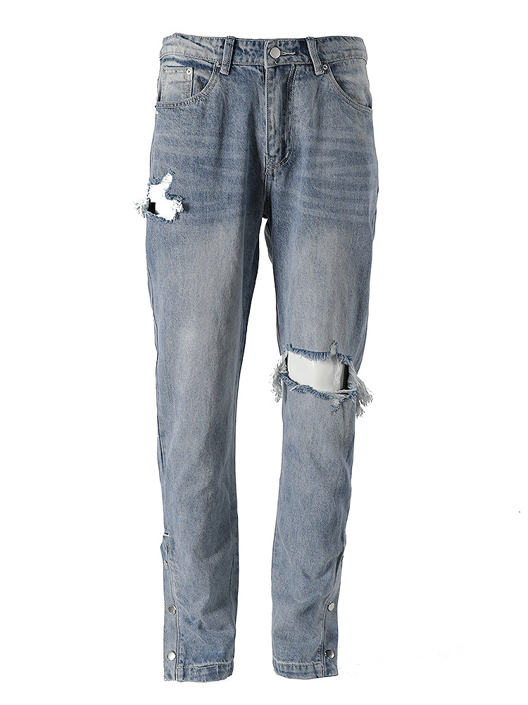 One-knee Hole-breasted Split Straight-leg Jeans