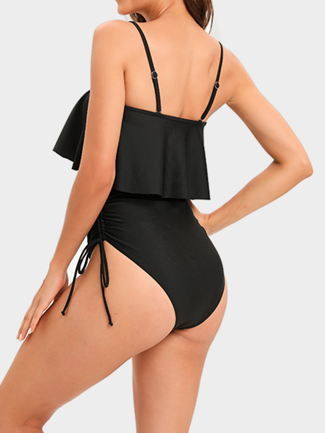 Drawstring Layered Spaghetti Strap One-Piece Swimwear 