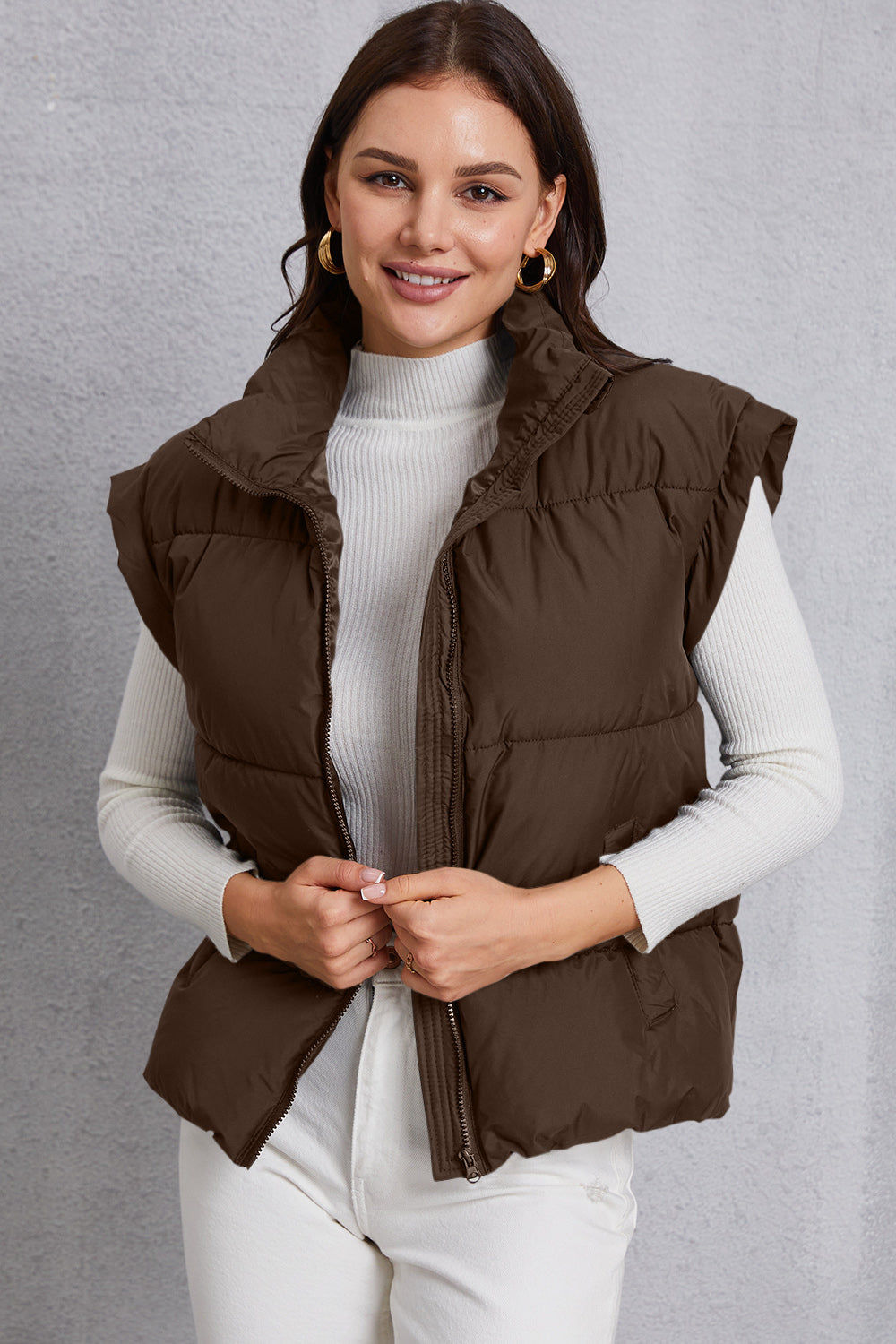 Zip Up Turtleneck Pocketed Vest Coat