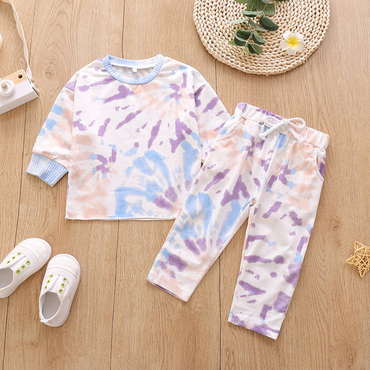 Round Neck Tie-dye Long-sleeved Sweater And Trousers Two-piece Suit