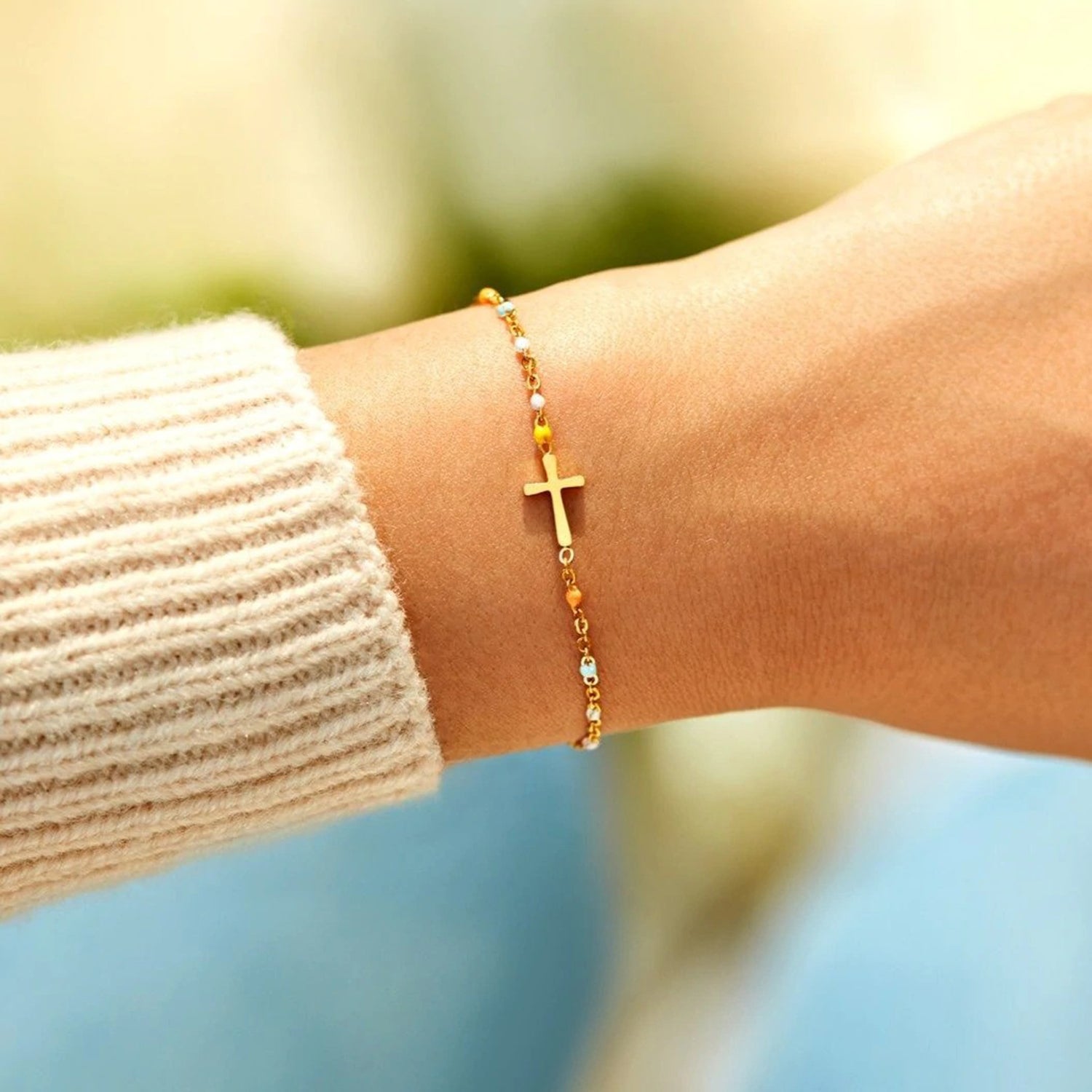 18K Gold-Plated Cross Bead Bracelet 