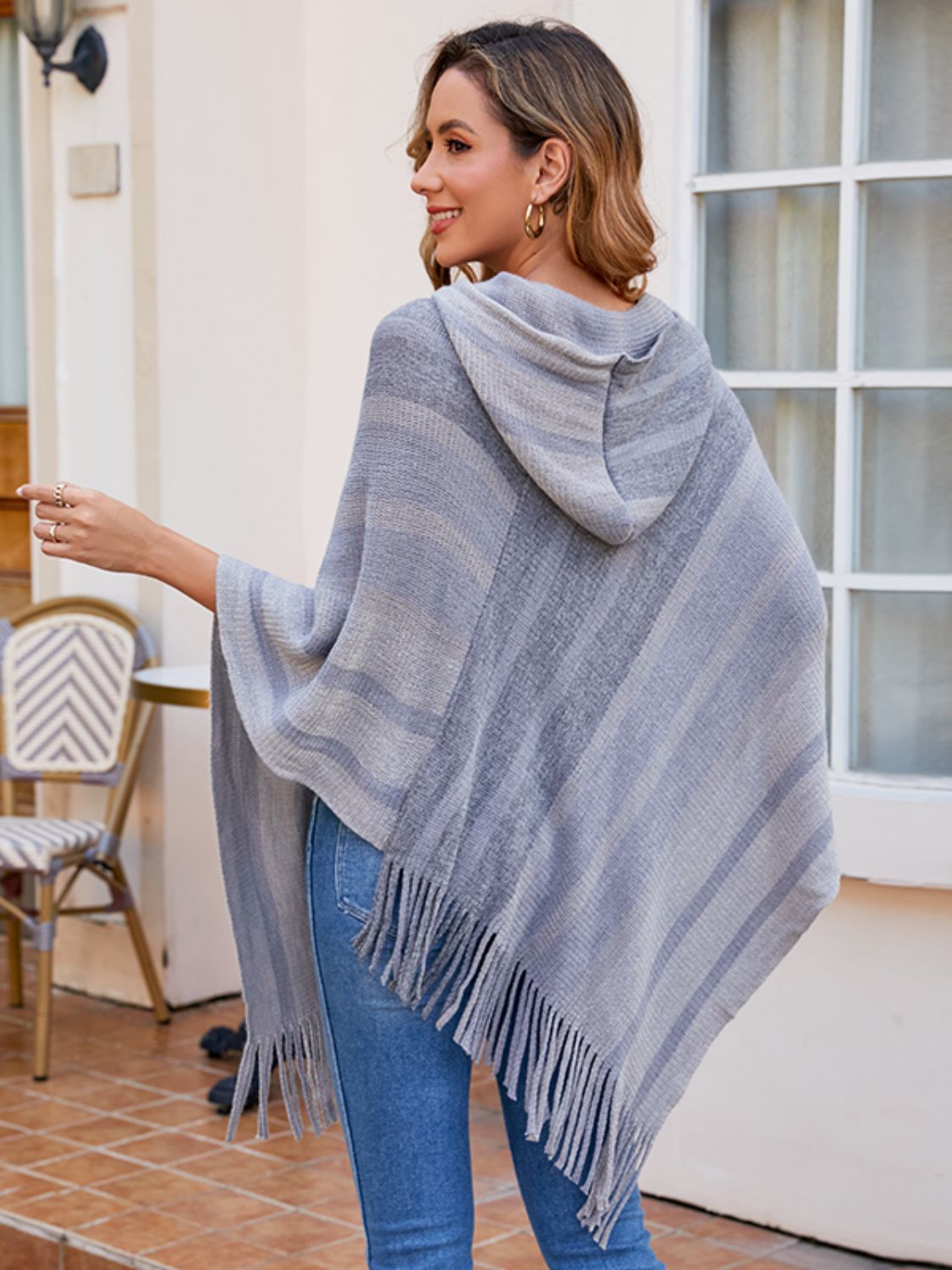 Striped Fringe Hem Hooded Poncho 