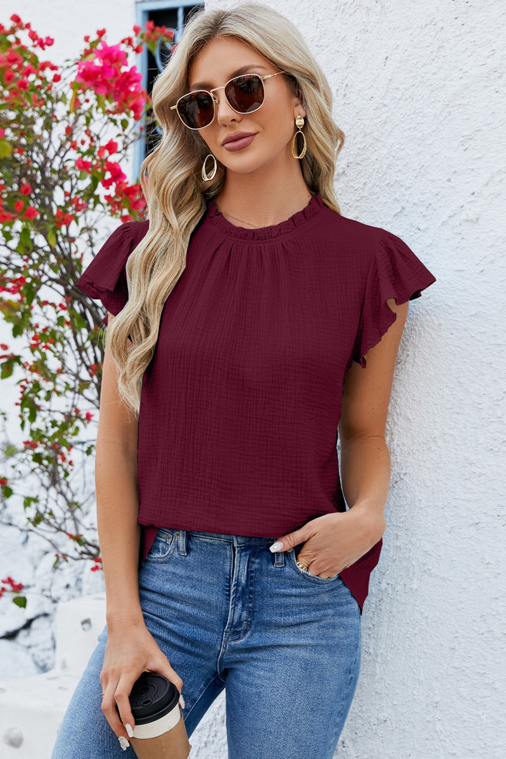 Ruffled Round Neck Cap Sleeve Blouse - Babbazon New Products