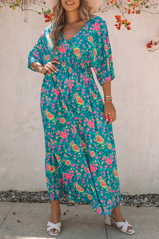 Floral Print Deep V Neck Flutter Sleeve Boho Maxi Dress - Babbazon Maxi Dresses