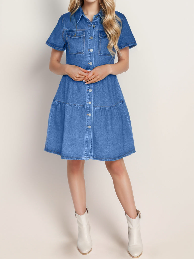 Button Up Short Sleeve Denim Dress 