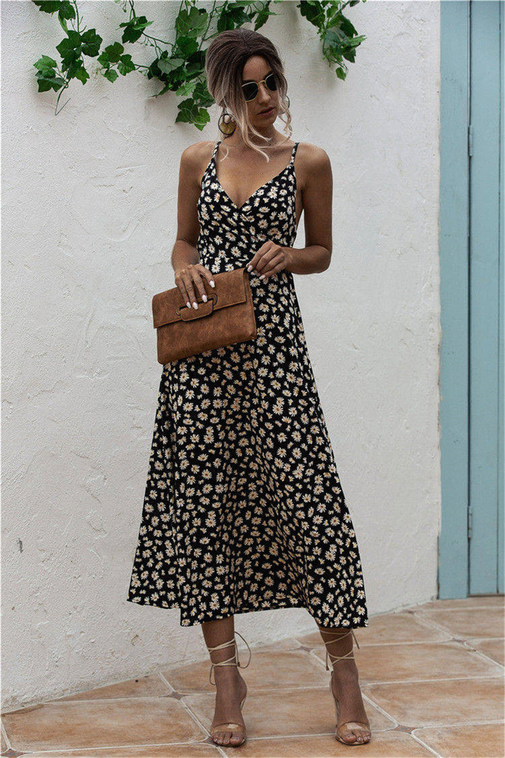 Daisy Print Surplice Midi Cami Dress 