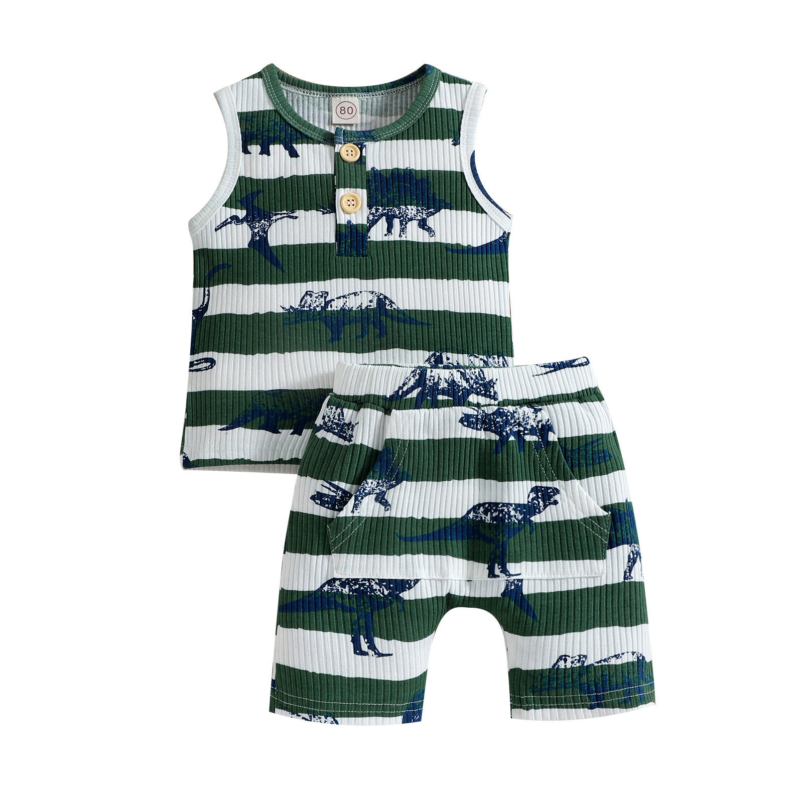 Men's Fashion Dinosaur Stripe Print Tank Top Shorts Two-Piece Set