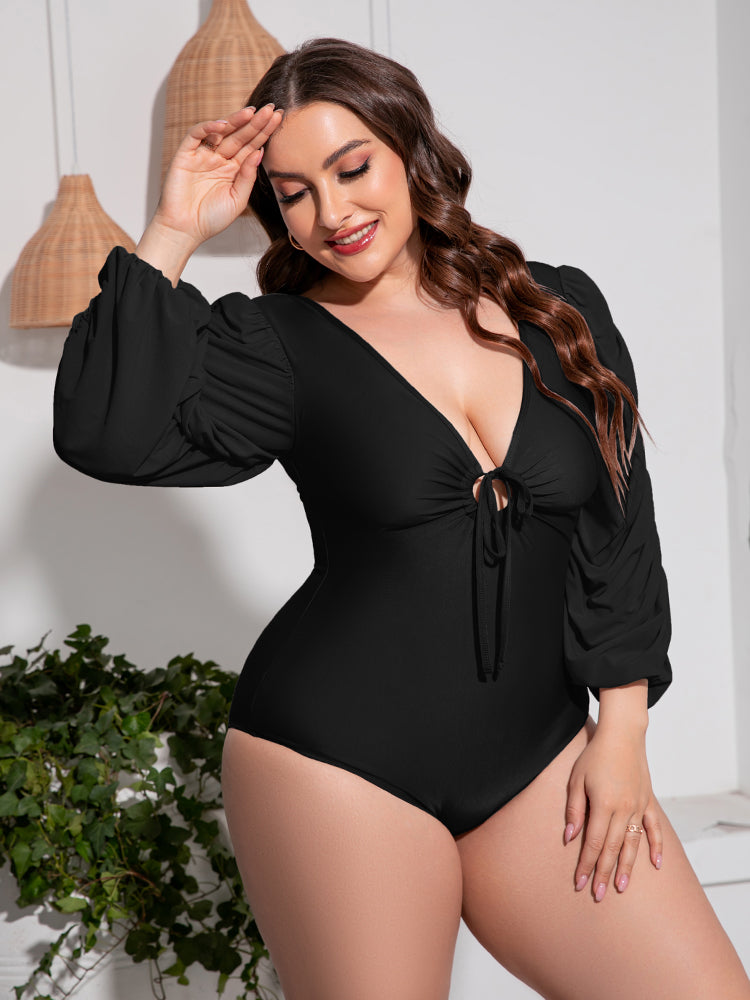 Plus Size Tied Deep V Balloon Sleeve One-Piece Swimsuit 