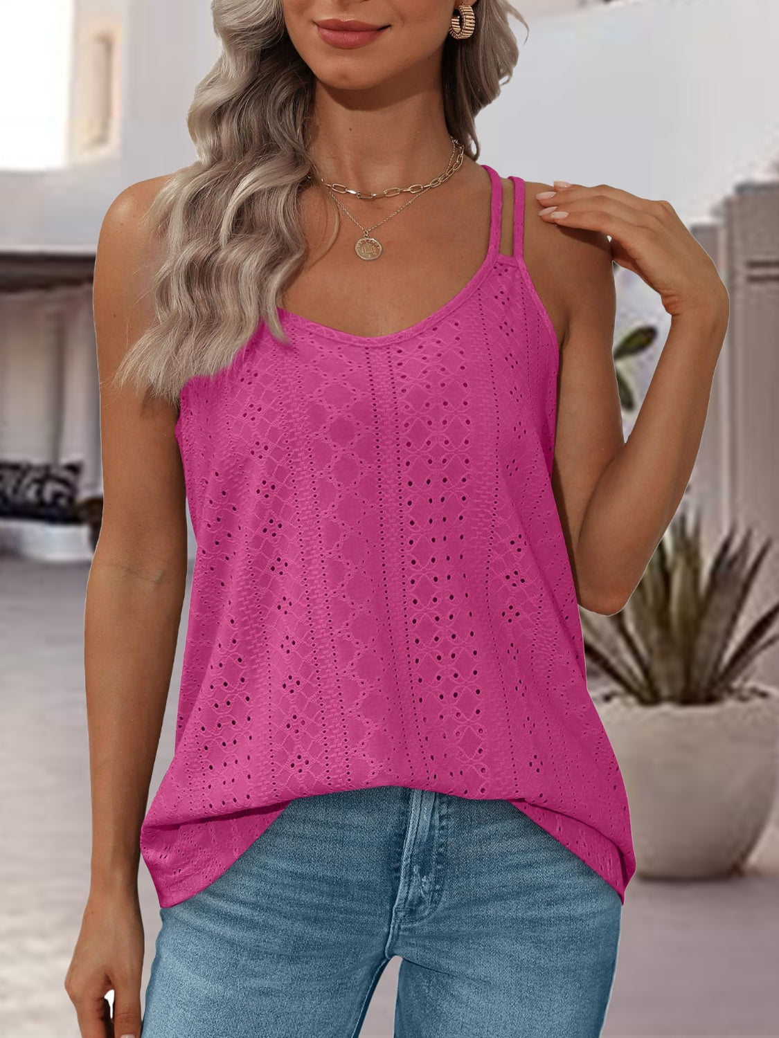 Eyelet Scoop Neck Spaghetti Strap Cami - Babbazon Camisole