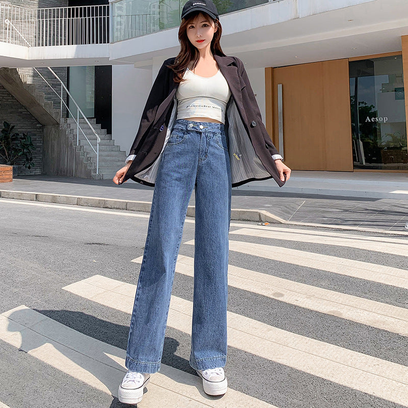 New Double-button High-waist Summer Loose Straight-leg Jeans