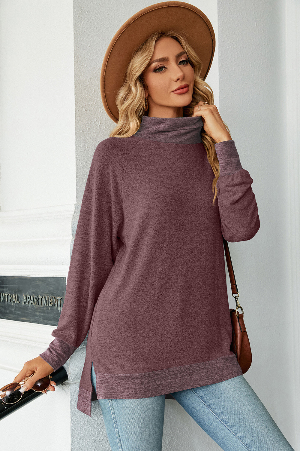 Slit Mock Neck Long Sleeve T-Shirt