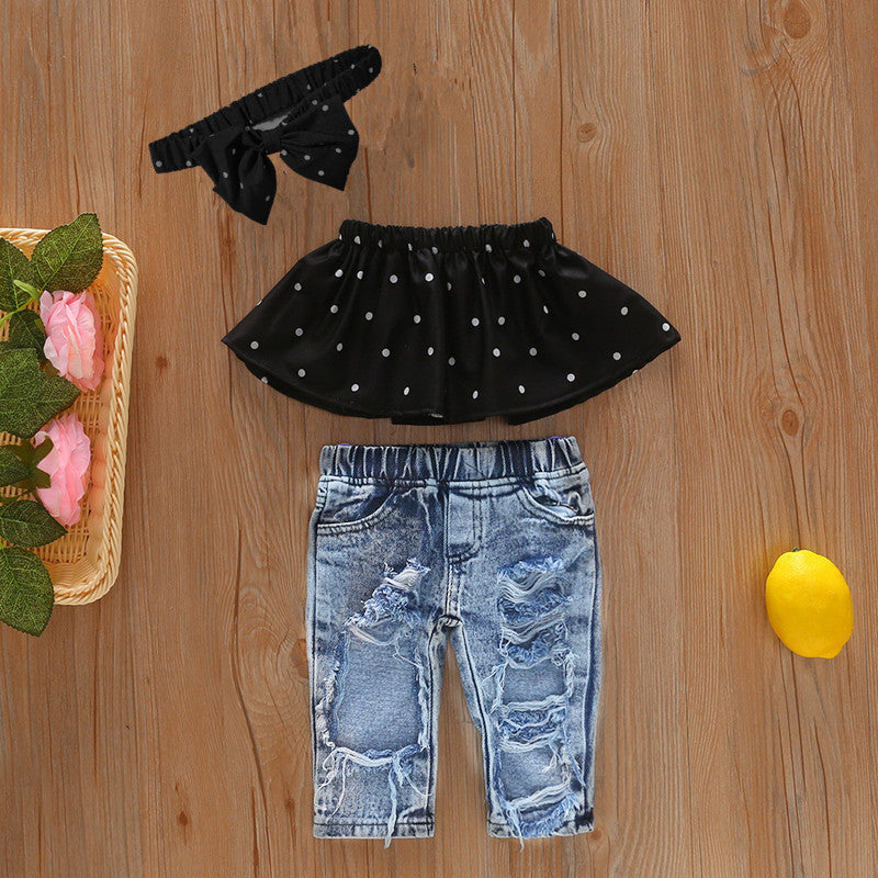 Girls' Woven Stretch Print Dot Cotton Denim Ripped Trousers Turban Three-piece European And American Cross-border Suit