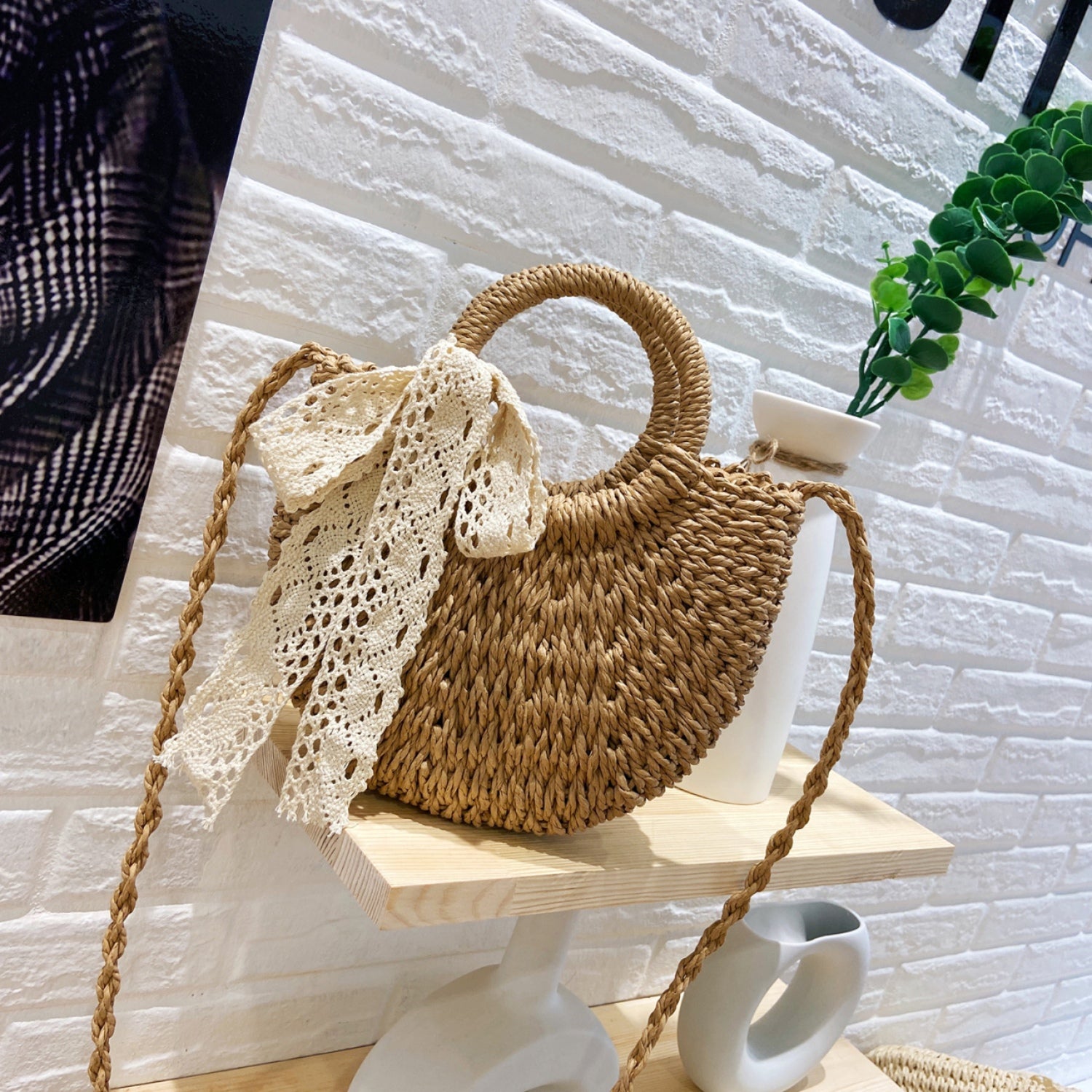 Drawstring Straw Braided Crossbody Bag 