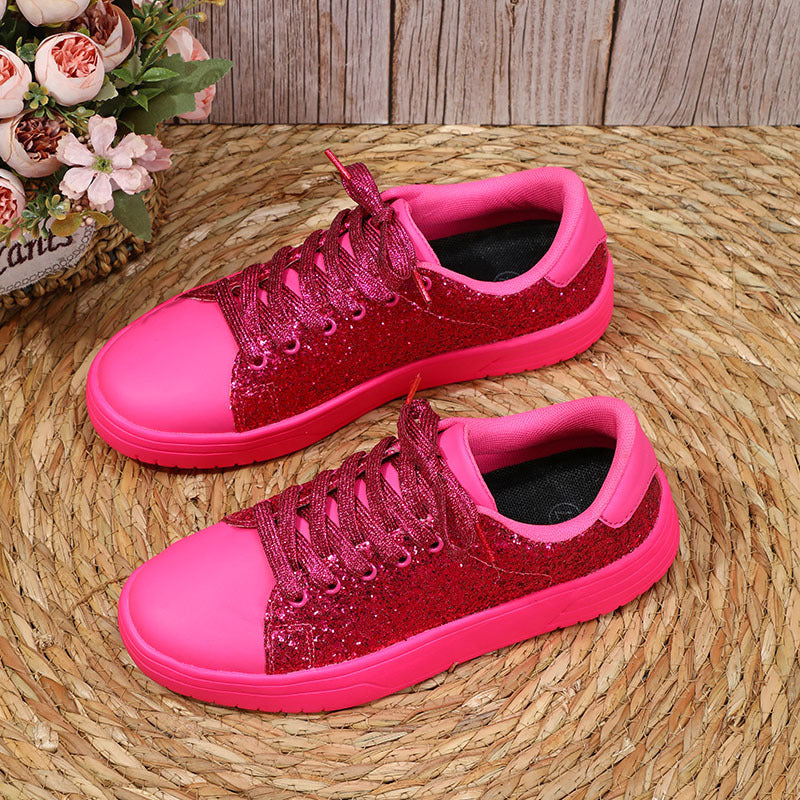 Glitter Sequin Design Flats Shoes Women Trendy Casual Thick-soled Lace-up Sneakers Fashion Skateboard Shoes 