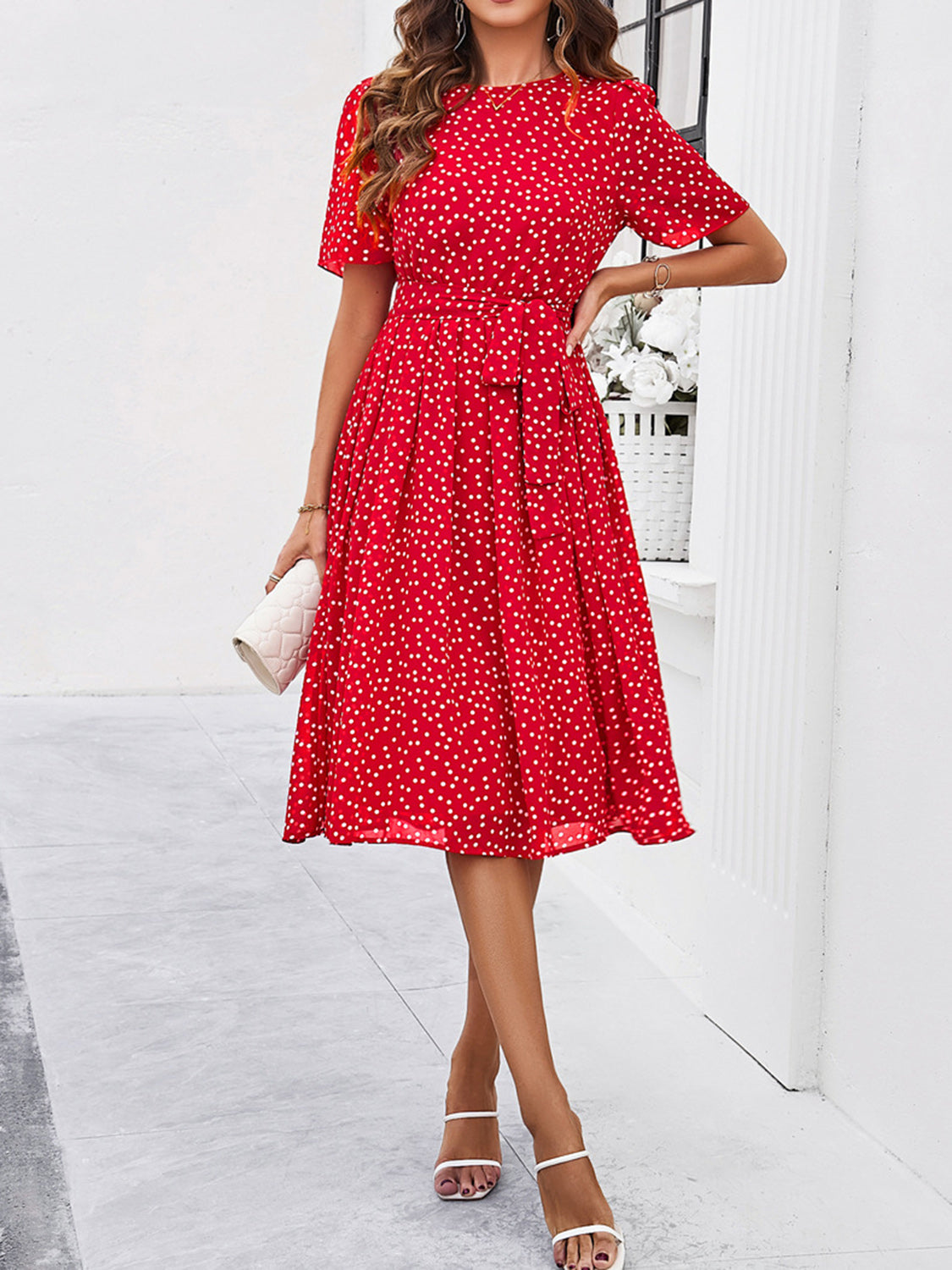 Printed Round Neck Short Sleeve Dress - Babbazon New Products