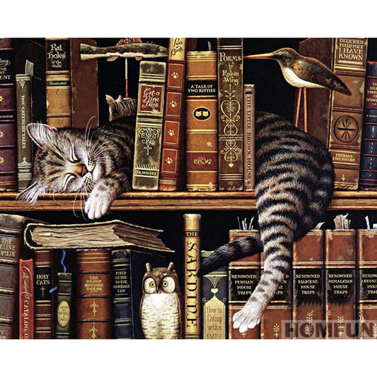 5D Diamond Painting Cat And Library Full Circle Square Embroidery