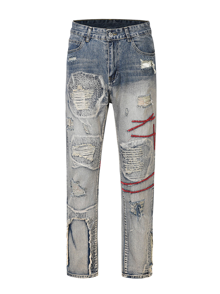 Patched Red Line Straight-leg Jeans