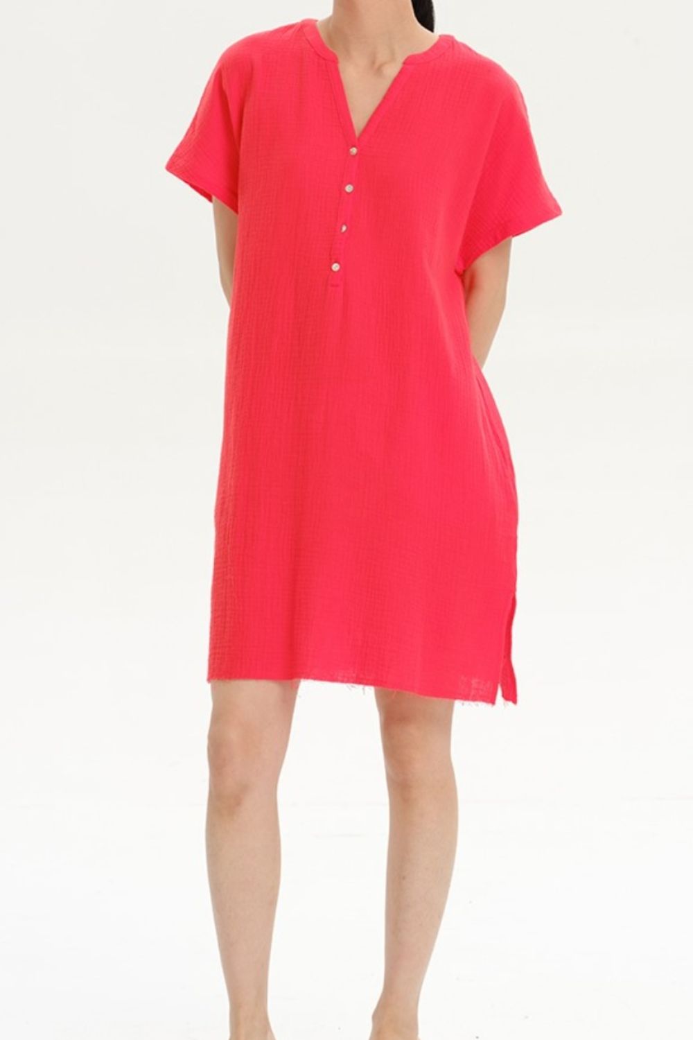 Slit Notched Short Sleeve Mini Dress