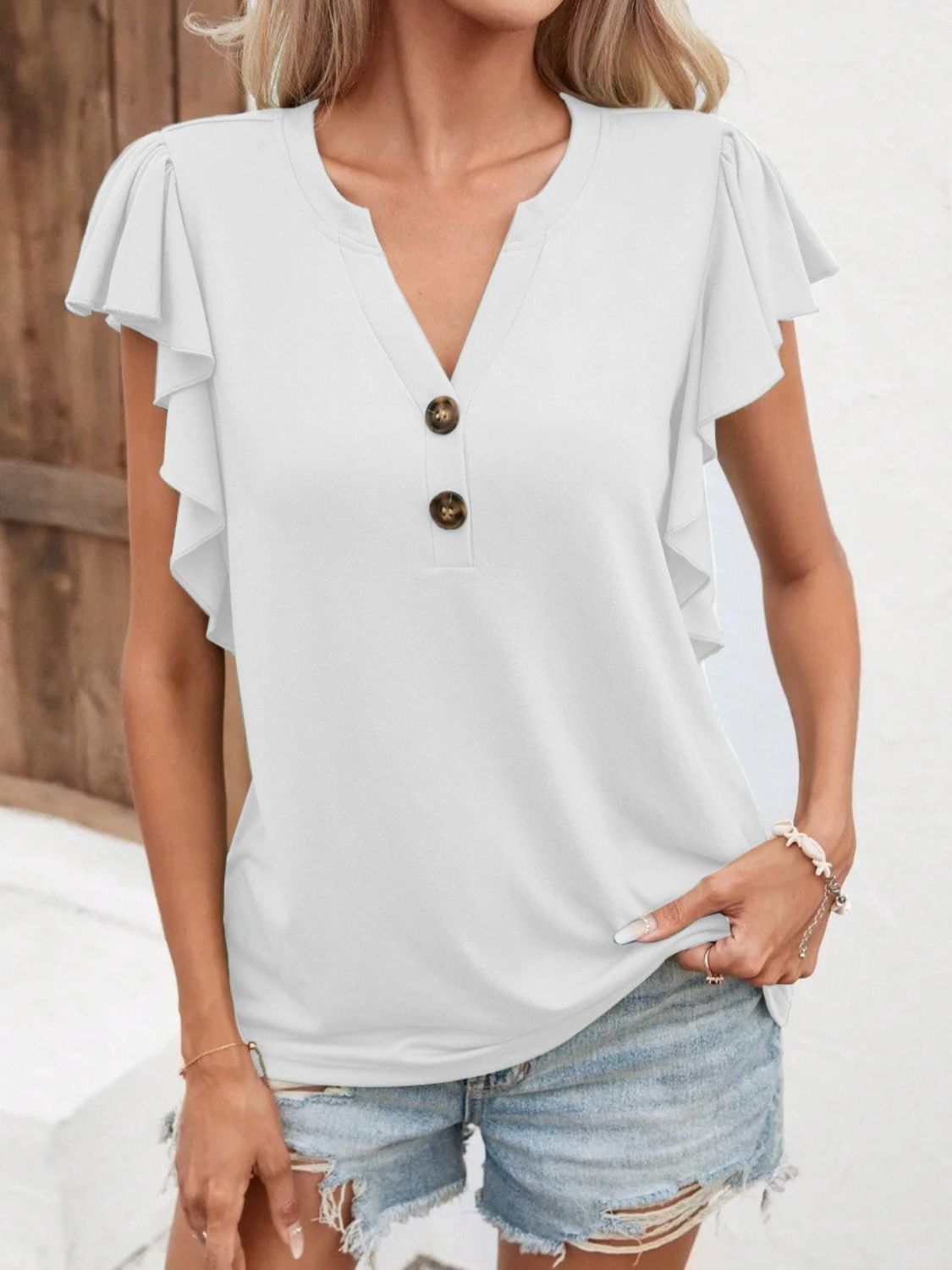 Full Size Ruffled Notched Cap Sleeve T-Shirt - Babbazon New Products