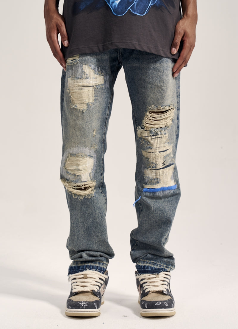 Havoc Blue Line Washed Distressed Men's VIBE Straight Jeans