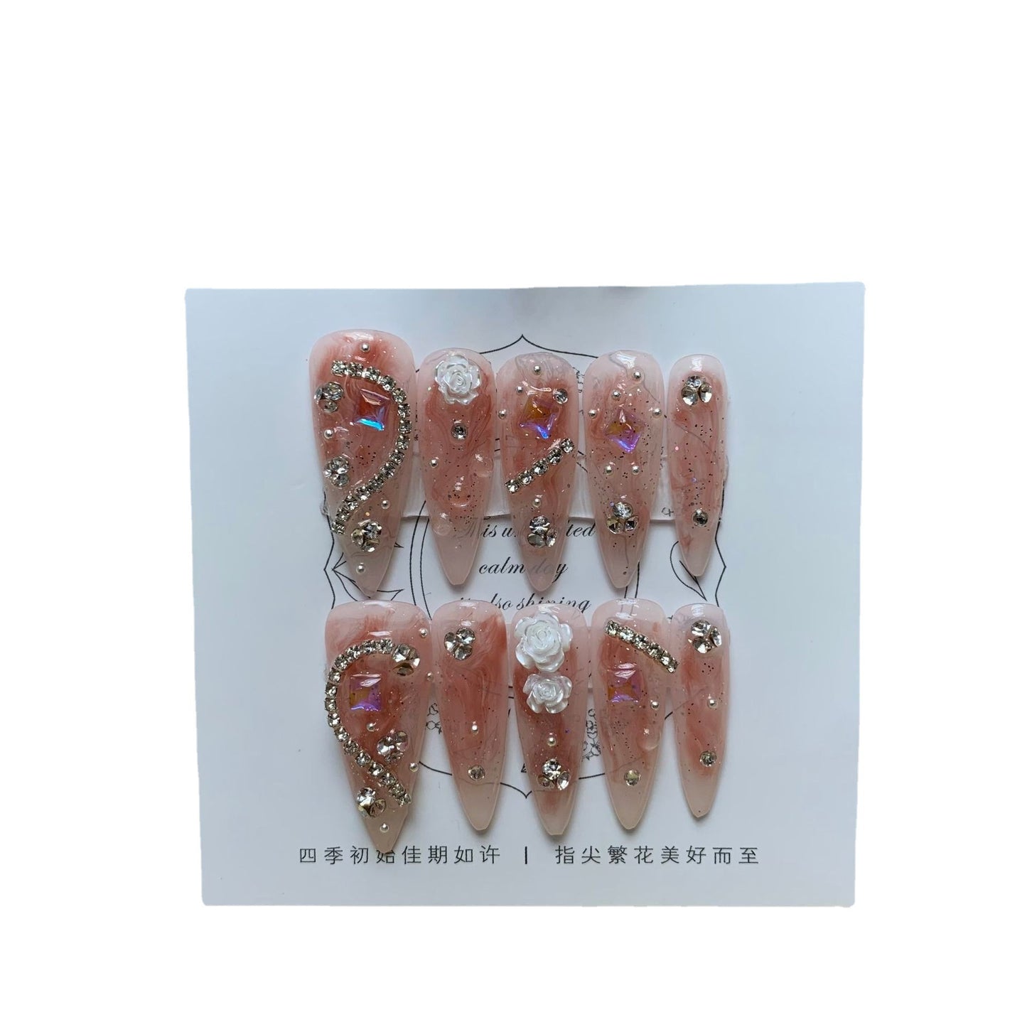 Handmade Phototherapy Wear Nail Almond Full Diamond Camellia