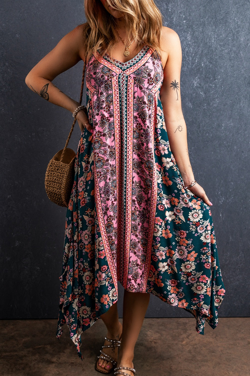 Printed V-Neck Midi Cami Dress 