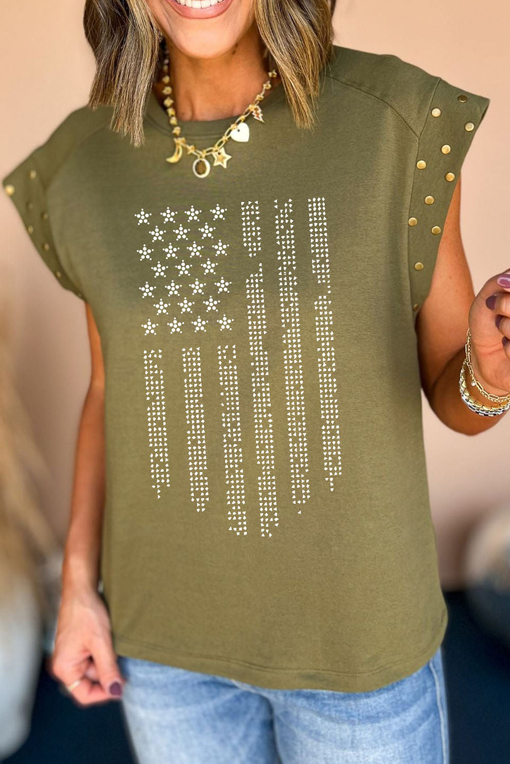 Rhinestone US Flag Round Neck Cap Sleeve T-Shirt - Babbazon New Products