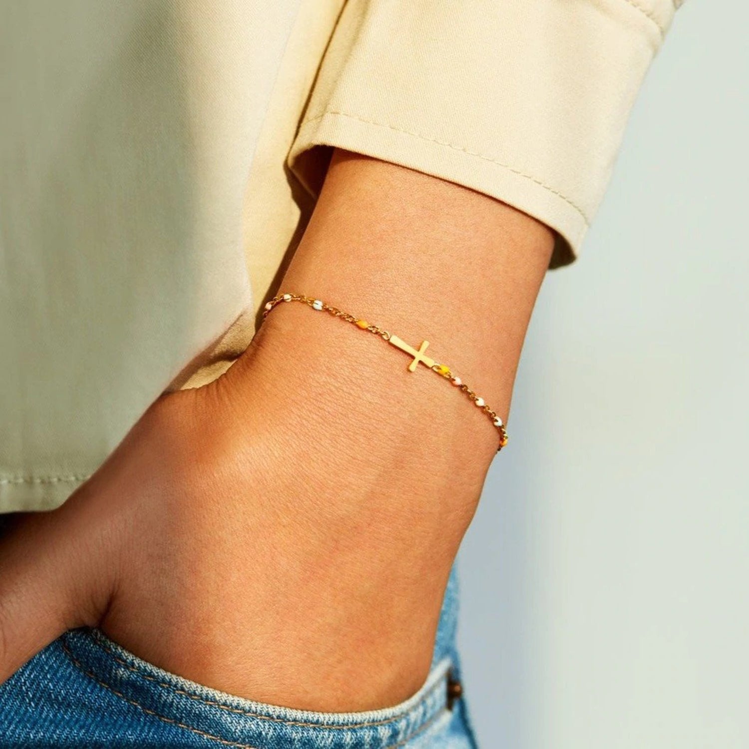 18K Gold-Plated Cross Bead Bracelet 