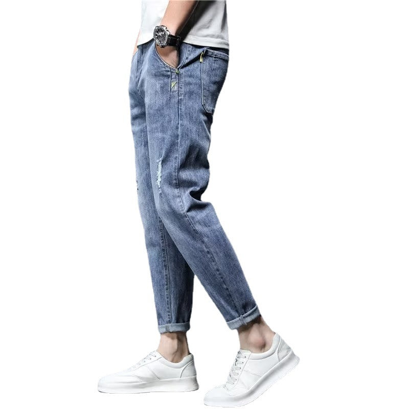 Loose Straight Ripped Stretch Pants Men's Casual Cropped Skinny Trousers