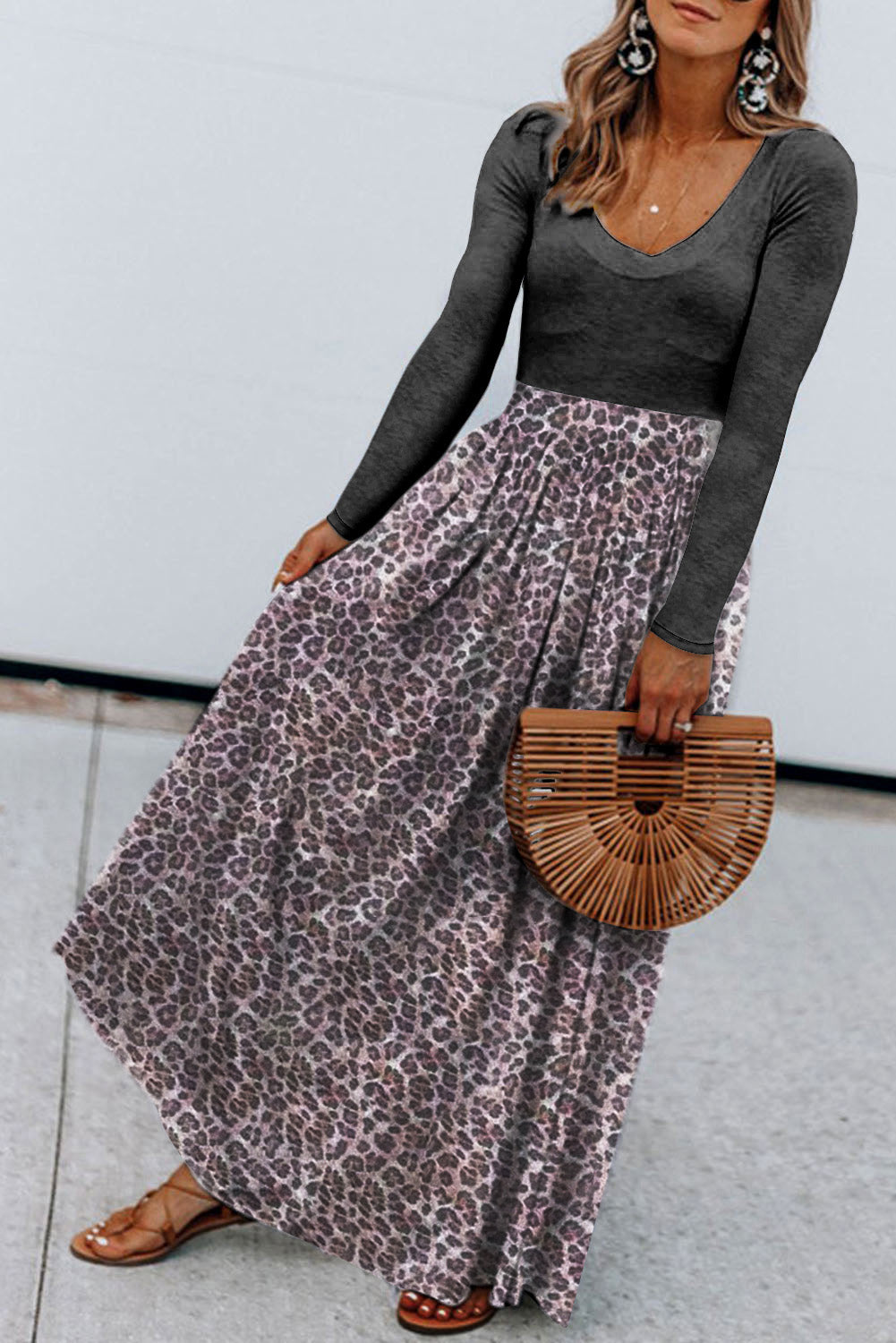 Black and Leopard Print Long Sleeve Boho Maxi Dress - Babbazon Maxi Dresses