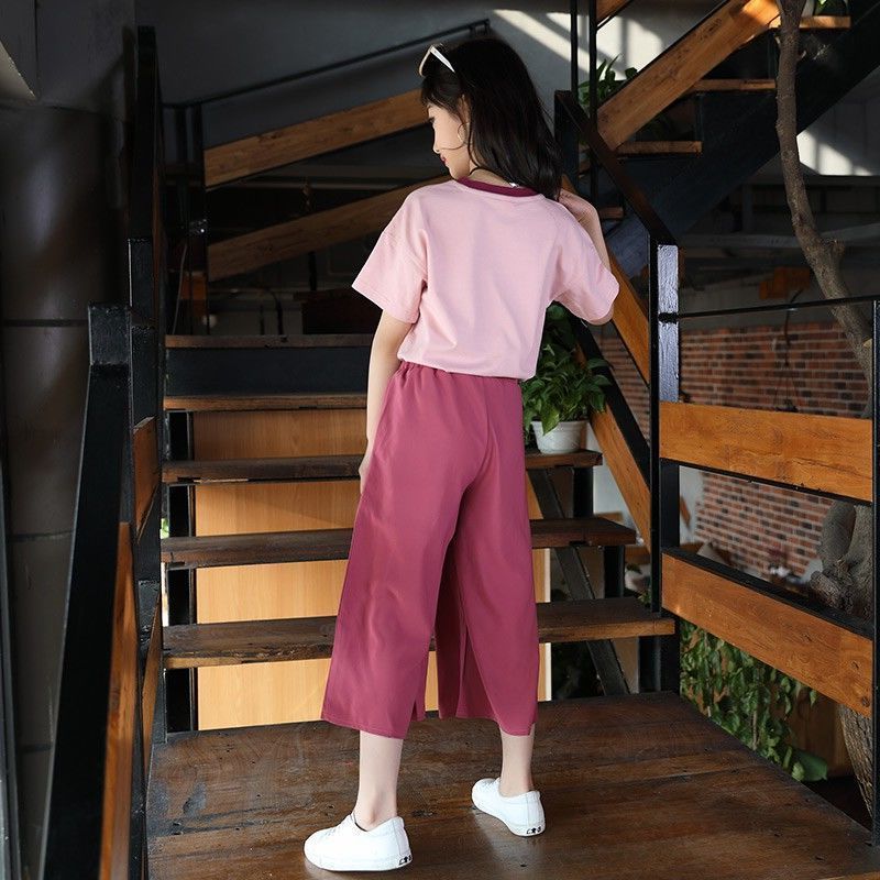 Sporty Western Style Short-sleeved Children's Wide-leg Pants Two-piece Suit