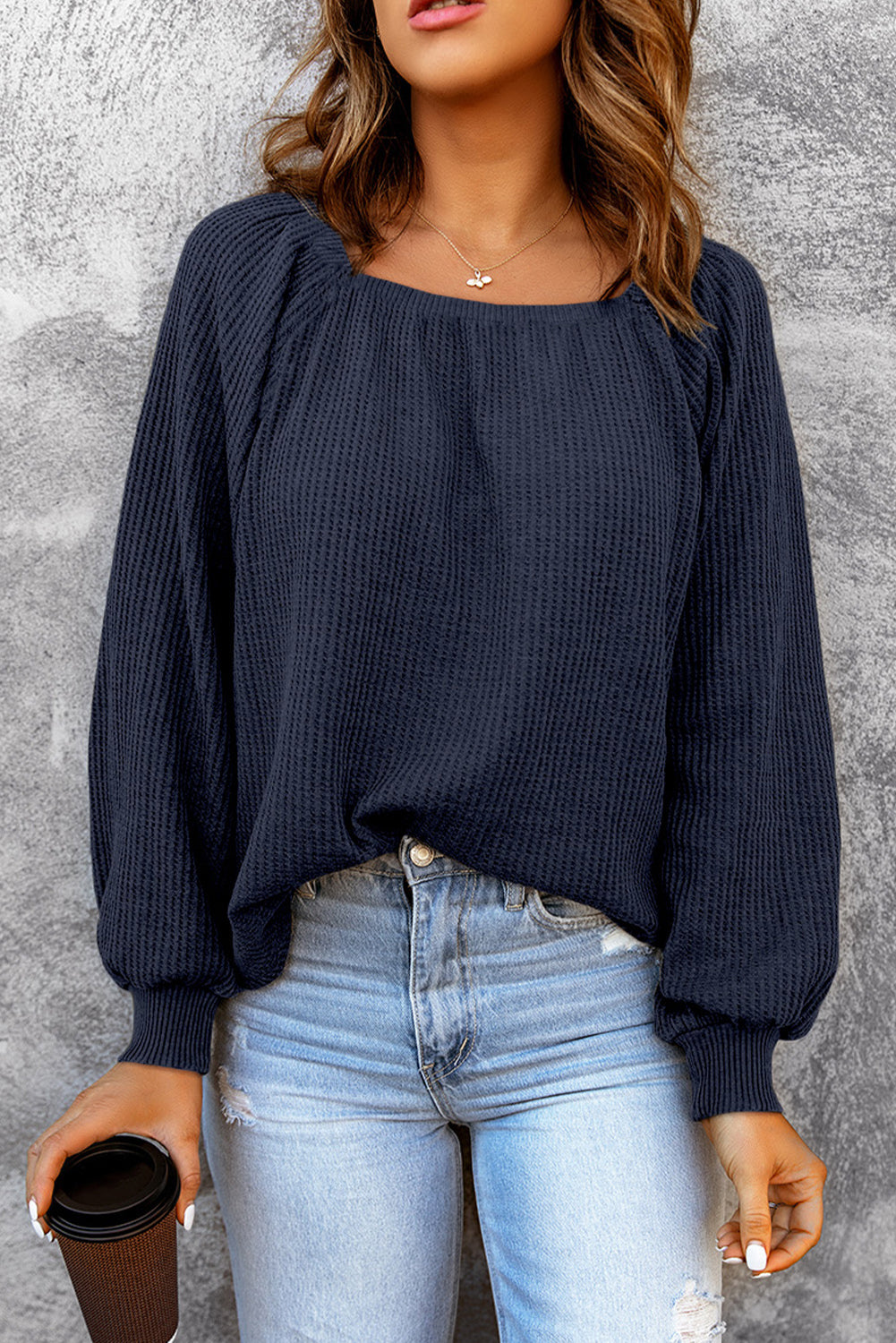 Square Neck Waffle-Knit Top - Babbazon Tops