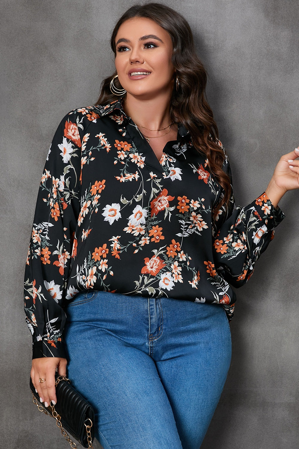 Plus Size Printed Johnny Collar Long Sleeve Blouse - Babbazon Camisole