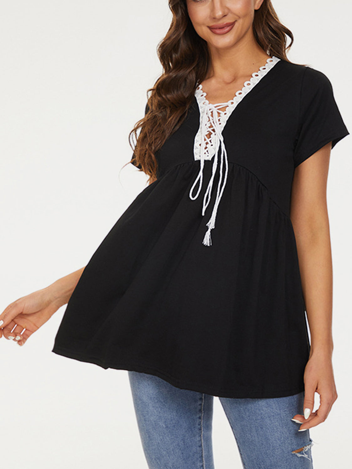 Lace Detail Tie Neck Short Sleeve T-Shirt - Babbazon New Products