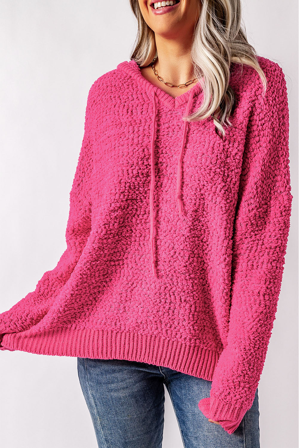 Popcorn Knit Slit Hooded Sweater 