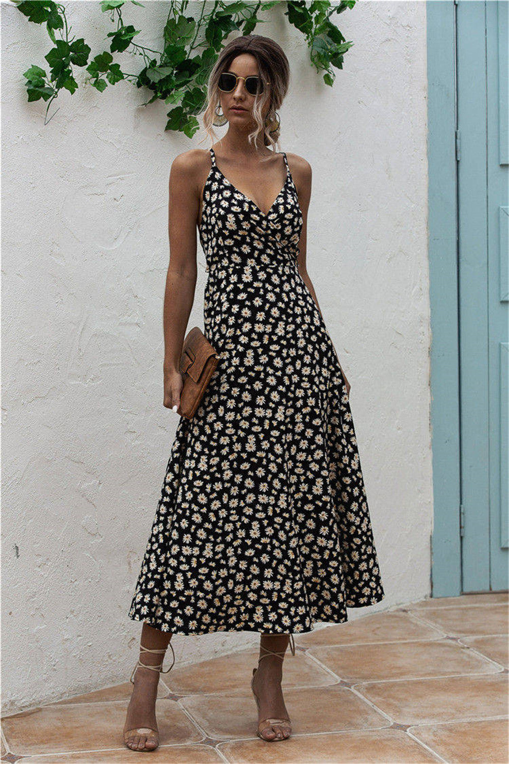 Daisy Print Surplice Midi Cami Dress 