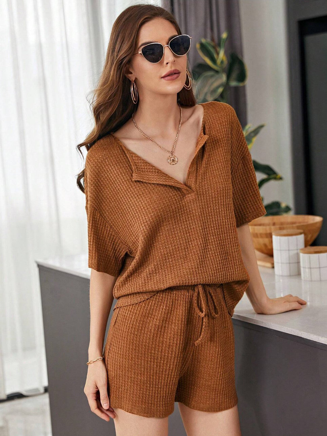 Full Size Waffle-Knit Dropped Shoulder Top and Shorts Set - Babbazon New Products