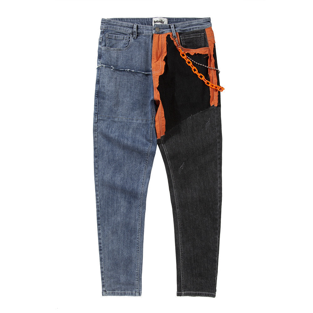 Men's Chain Decoration Patchwork Color Block Jeans