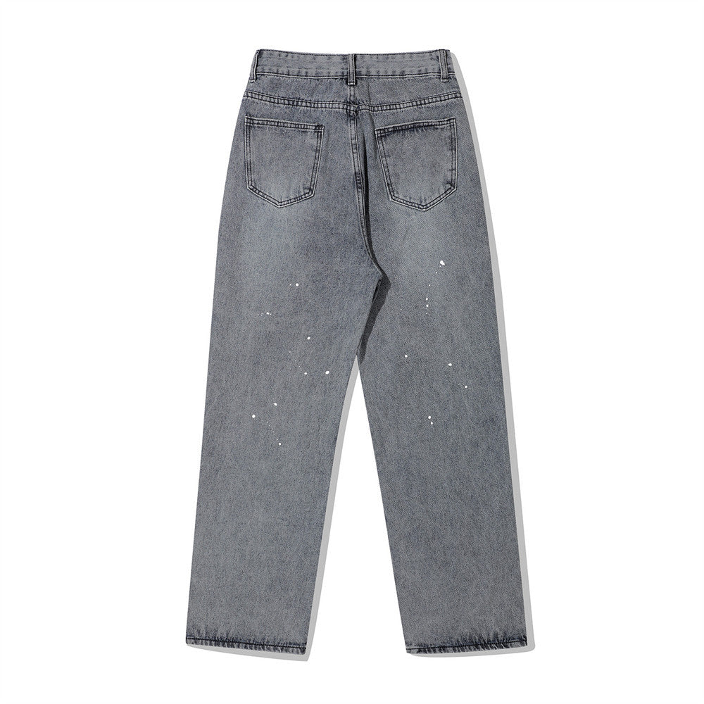 Skull Embroidery Ink Washed Jeans Men's