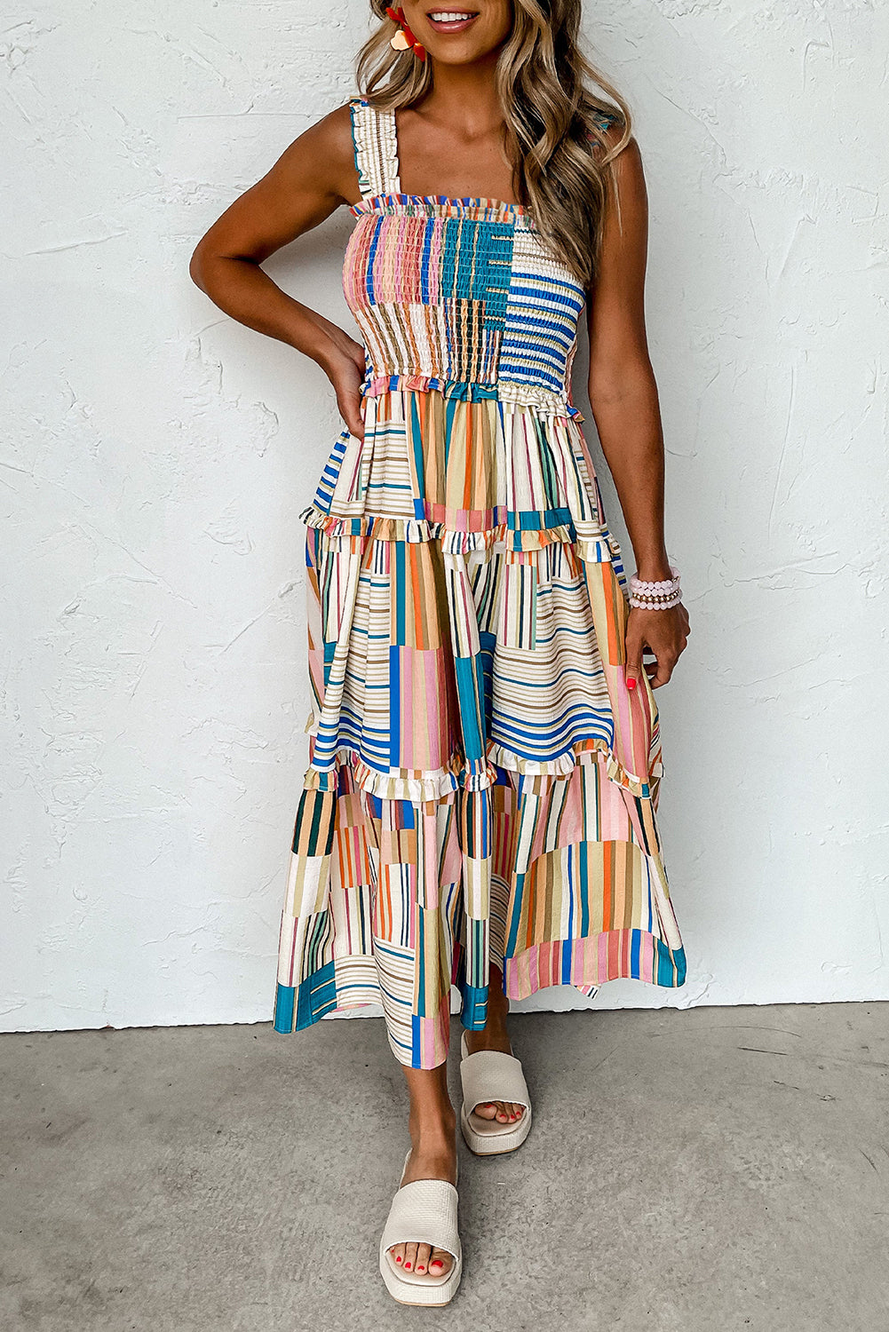 Khaki Mix Striped Wide Straps Smocked Tiered Maxi Dress - Babbazon Maxi Dresses