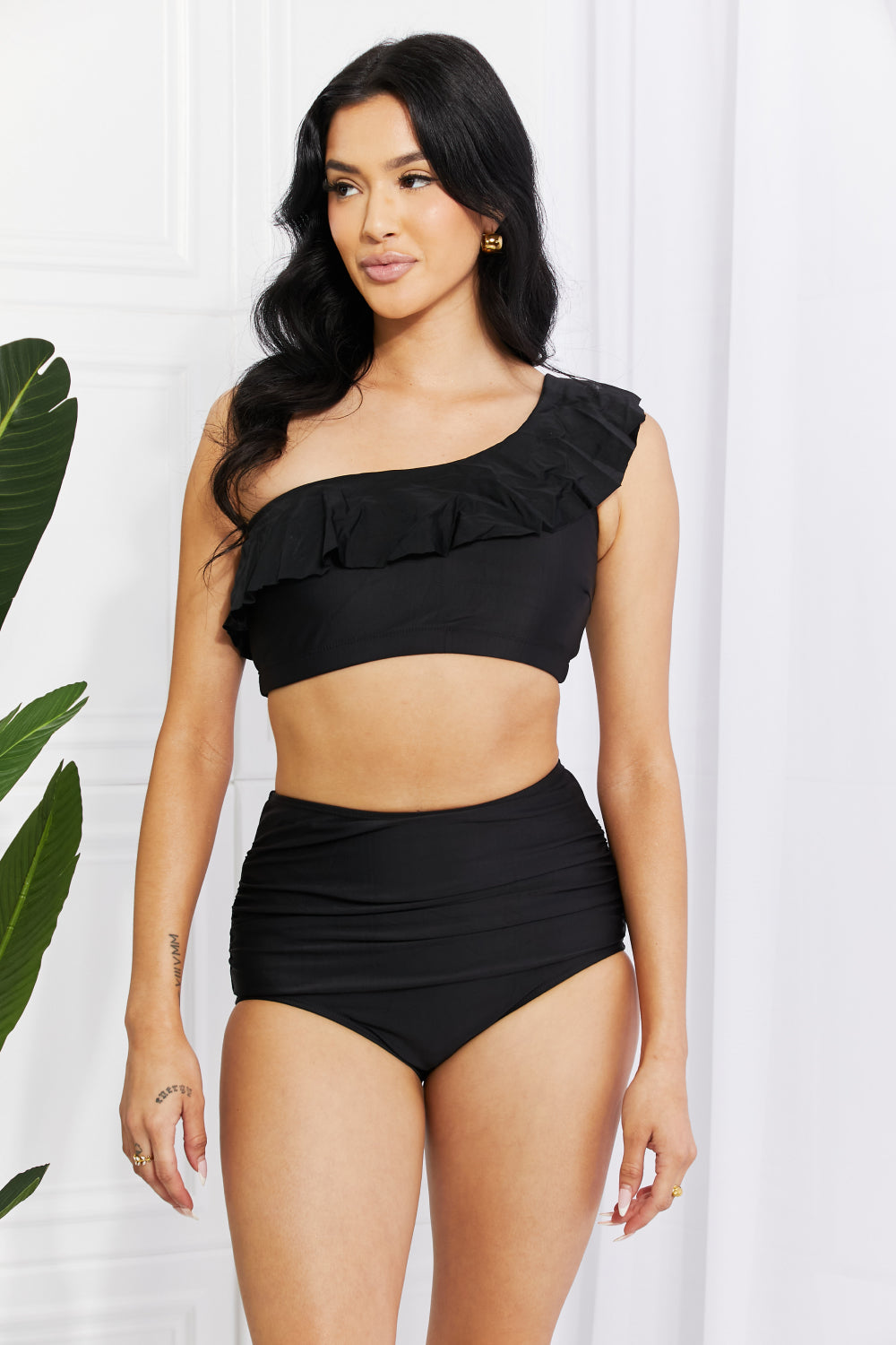 Marina West Swim Seaside Romance Ruffle One-Shoulder Bikini in Black - Babbazon new