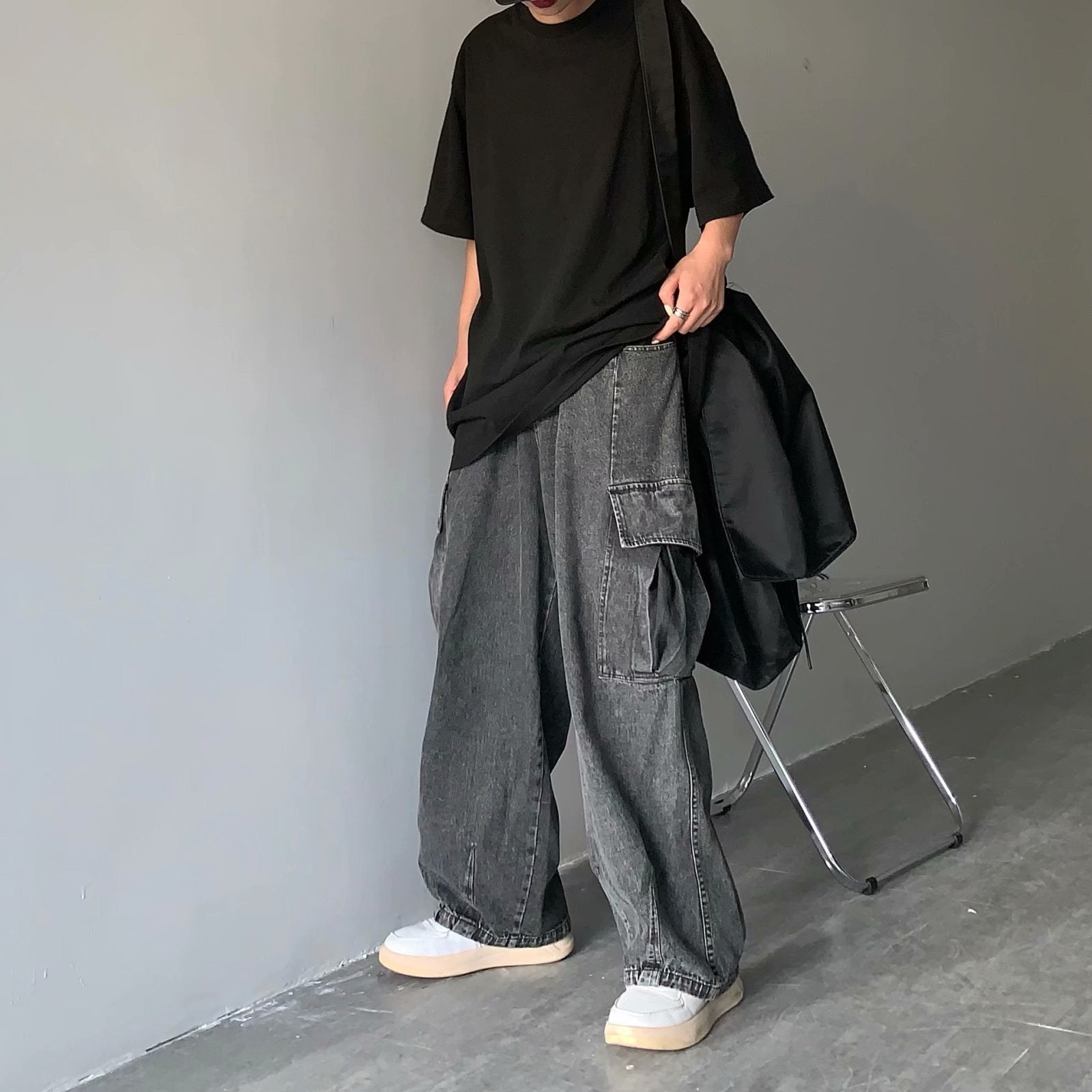 Men's Washed Loose Straight Workwear Wide Leg Pants