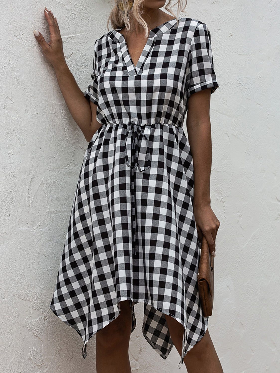 Plaid Notched Short Sleeve Dress 