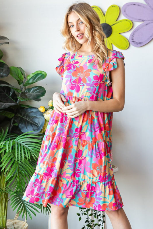 Heimish Full Size Floral Cap Sleeve Tiered Dress - Babbazon Boho Dress